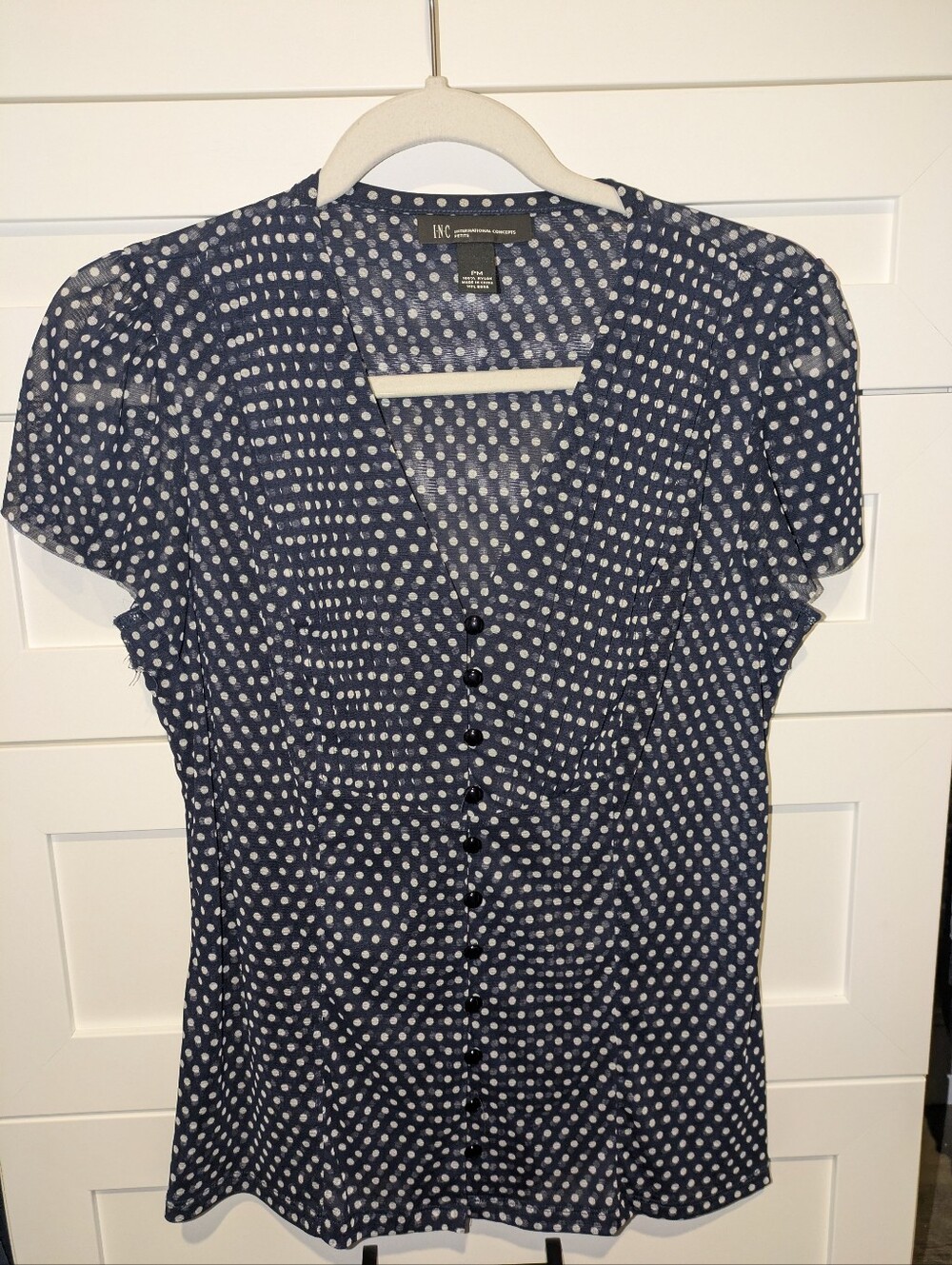 INC International Concepts Navy and White Polka Dot Button Front Blouse
